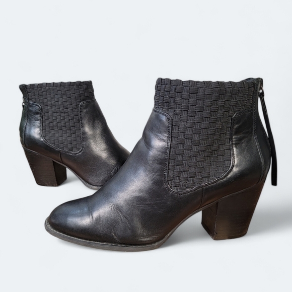 Jessica Simpson Yeni Black Leather Ankle Boots Size 8.5 Woven upper - Picture 1 of 17